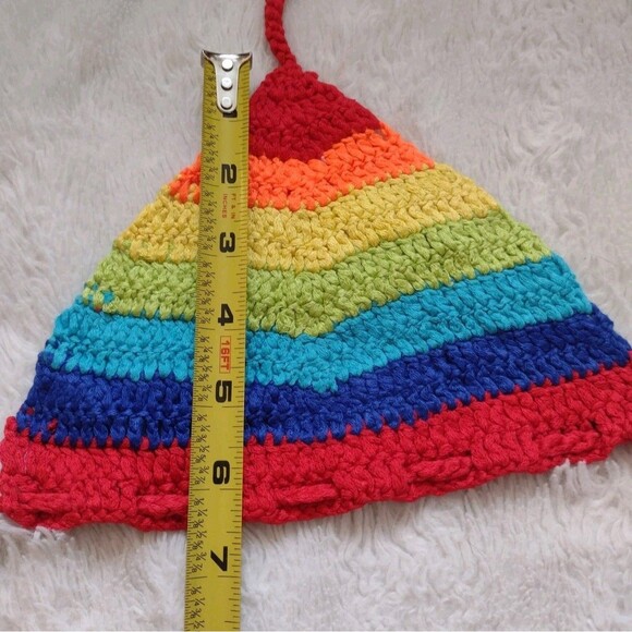 New Hand Crocheted Rainbow Color Bikini Top & Skirt Long Fringe Soft Acrylic XL - Picture 4 of 10